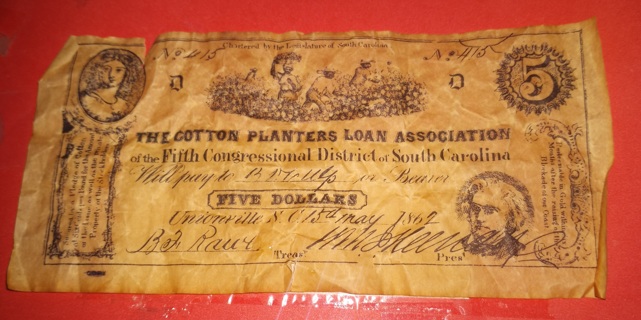 The Cotton Planters Loan Association 1862 $5 Note-please read description 