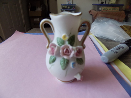 Vintage 3 inch bisque porcelain double handle vase TIG 3 roses , 