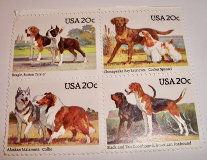 Scott #2098-2101, Dogs, Pane of 4 Useable 20¢ US Postage Stamps