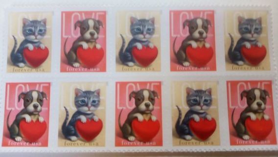 10- FOREVER US POSTAGE STAMPS.. KITTEN AND PUPPY VALENTINE'S DAY....