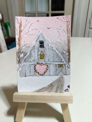 ACEO Original, Watercolor Painting 2-1/2"X 3/1/2" Country Barn by Artist Marykay Bond