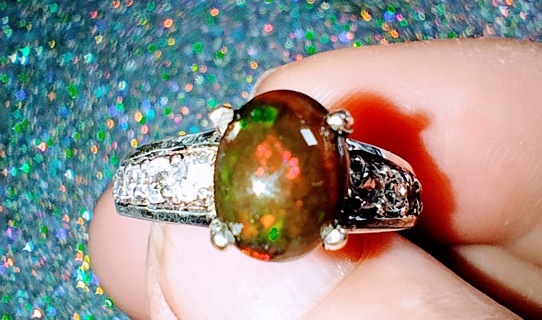 RING BEAUTIFUL CUSTOM HANDMADE STERLING SILVER WITH A NATURAL BLACK OPAL AND WHITE TOPAZ FANTASTIC.