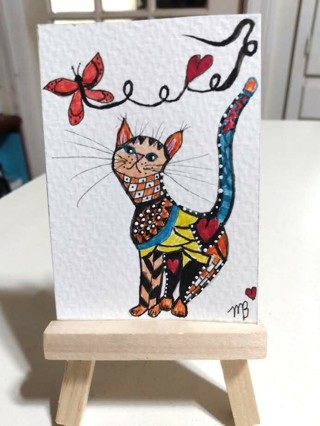 ACEO Original, Watercolor Painting 2-1/2"X 3/1/2" Boho Cat by Artist Marykay Bond