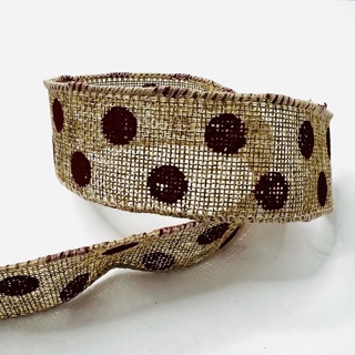 Tan Burlap Red Polka Dot 1.5” Wide Wire Edge Ribbon