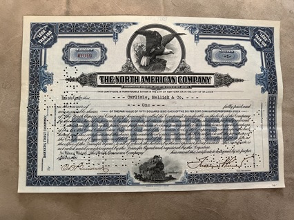  North American Company stock certificate 1927 blue Eagle & Train Original Dow Jones stock 