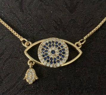 Evil Eye & Hamsa Hand Charm Pendant Gold Plate Necklace 