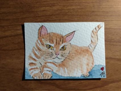 ACEO Original Watercolor Painting 2-1/2X3/1/2 One of My Many Rescue Ginger Cats by Artist Marykay 