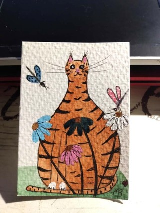 ACEO Original, Watercolor Painting 2-1/2"X 3/1/2" Whimsical Cat by Artist Marykay Bond