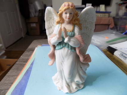 6 inch tall fine porcelain Angelic Prayers Angel long blonde hair, blue top, pink sash