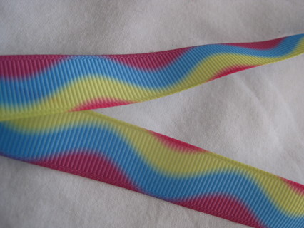 Grosgrain ribbon, pink blue yellow wave design, 0.75" wide, bows, wreaths, sewing. new off the spool
