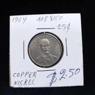 Copper Nickel MEXICO 1964 25 CENTAVOS, Brilliant Uncirculated 25 Venticinco Mexican coin