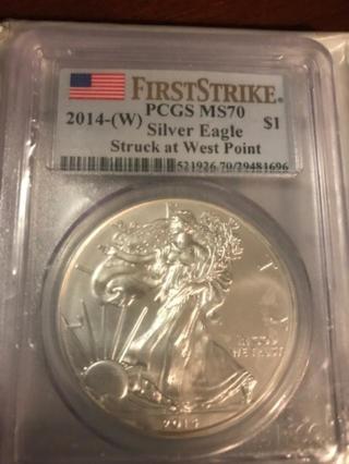 2014-W AMERICAN SILVER EAGLE MS70 PCGS STRUCK AT WEST POINT FIRST STRIKE LABEL!