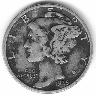 1935 Mercury Dime 90% Silver U.S. 10 Cent Coin