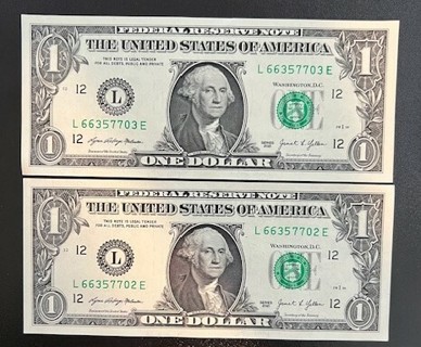 Rare Find! Sequential Lucky Dollar Bills (L66357702E & L66357703E) + FREE Toploader & Shipping!
