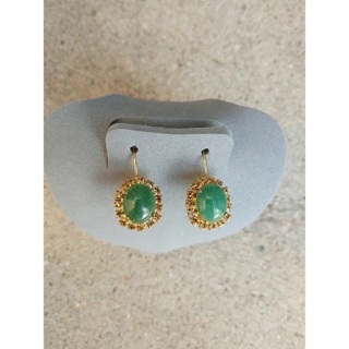 New Beautiful 14K Gold Plated Lever Back Earrings with Green Aventurine and Topaz Rhinestones