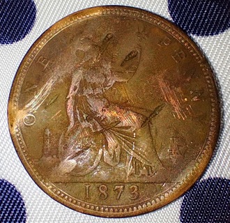 COIN ONE PENNY ENGLAND 1873 QUEEN VICTORIA 150 YEARS OLD BEAT UP STILL BEAUTIFUL NAME YOUR PRICE