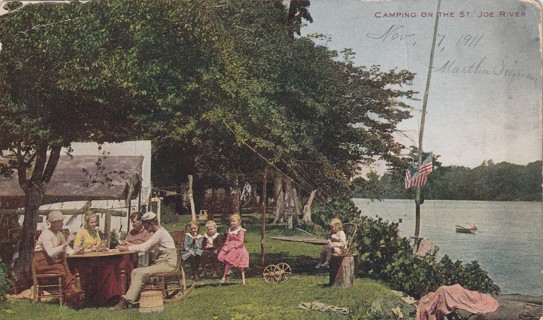 Vintage Used Postcard: k: Pre Linen: 1911 Camping on the St Joe River, MI