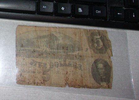 1864 Confederate 5.00 Bill Partial Note As Seen In Pictures 