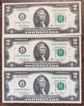 3  $2 bills in sequence 