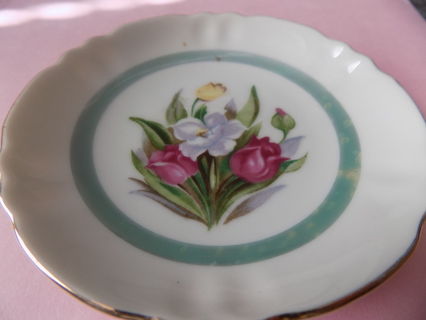 Vintage JAPAN small fine porcelain saucer TIG pink purple, yellow flowers