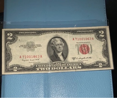 1953-B United States Of America 2 Dollar Red Seal Bill 