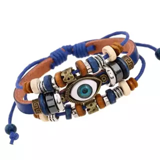 Boho Gypsy Hippie Design Leather Rope Eye Bracelet Brown Multi-layer Cow Leather Woven Beaded
