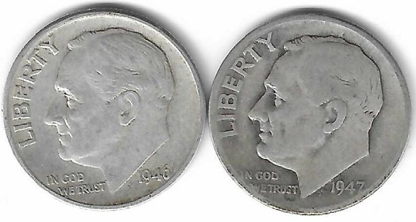 1946 and 1947 Roosevelt Dimes 90% Silver U.S. 10 Cent Coins