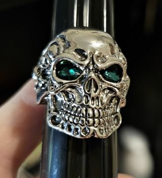 Punk Biker Man's Ring with Green Eyes