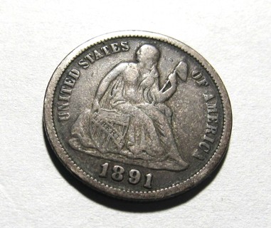 ✶✶ 1891 SEATED ;IBERTY DIME VF ✶✶ **90% SILVER** 