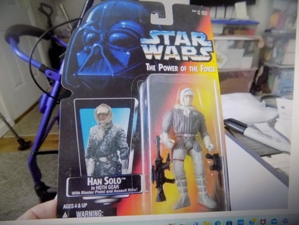 Star Wars NIP Vtg Mint Cond. Power of the Force Hans Solo in Hoth Gear, blade, pistol, 