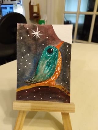 Original, Watercolor Painting 2-1/2"X 3/1/2" Sirius Star System & Bird by Artist Marykay Bond