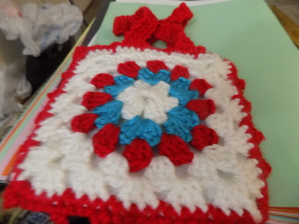 Hand crocheted quilted square Little girls purse red, white, blue, double handles