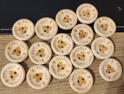 NEW - 16 Wood "Handmade With Love" Round Buttons - 2 hole