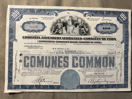 Cuba Sugar Company stock certificate 1959 Azucarera Vertientes Camaguey Issued to EF Hutton & Co.