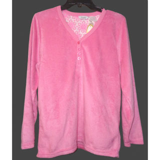 New Mayfair Pink Fleece V-Neck Button Sleep Shirt Top Sz L Large Sleepwear Soft