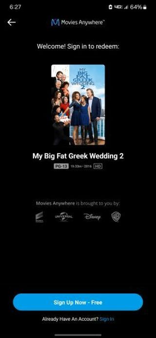My big fat greek wedding 2 Digital HD movie code MA/VUDU/iTunes