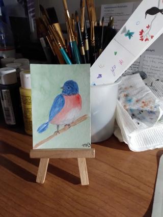 Original, " 2-1/2 X 3-1/2" ACEO Blue Bird Watercolor Painting by Artist Marykay Bond