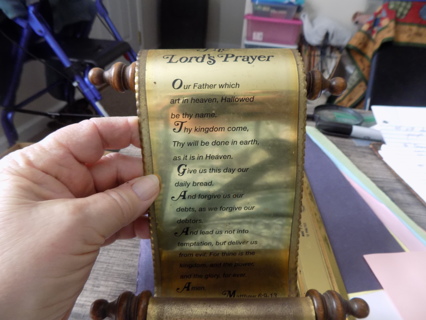 7 inch tall and wide brass scroll The Lord's Prayer on wooden handles