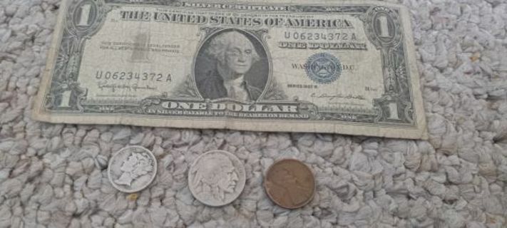 $1 silver certificate, Buffalo nickel, mercury dime, wheat penny