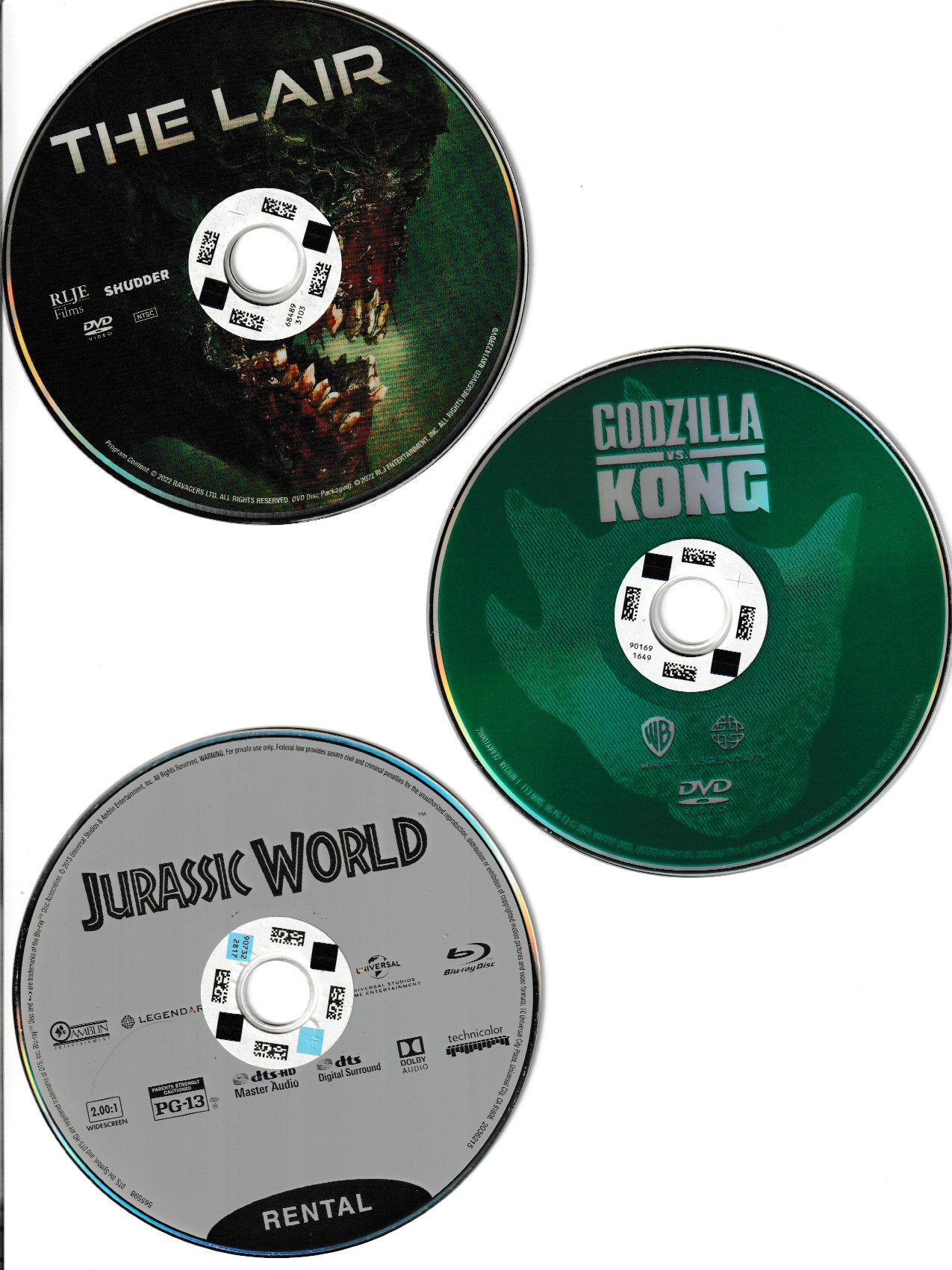 Free: Lot of 3 DVD's w/Godzilla V Kong, Jurassic World!