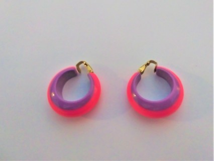 Retro 70's Hot Pink & Lavendar Round Hoop Lucite Earrings Clip On 