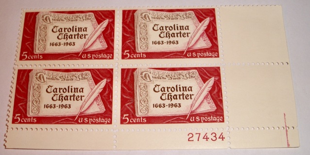 Scott #1230, Carolina Charter, Pane of 4 Useable 5¢ US Postage Stamps