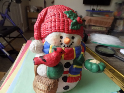 Kurt Adler snowman music box in original box dressed red knit hat holds cardinal & seed