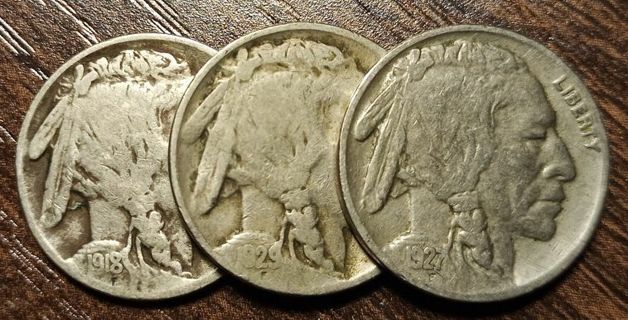 1918 1927 & 1929-D USA Indian Head Buffalo Nickels!