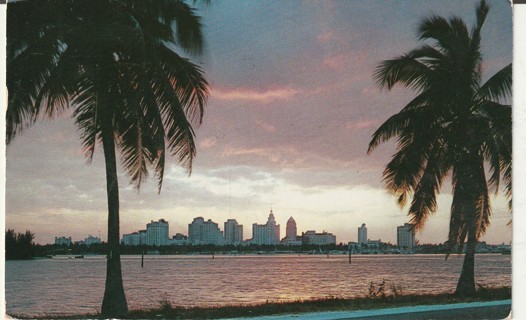 Vintage Used Postcard: a: SUnset over Miami, FL