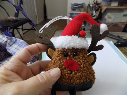 5 inch fuzzy reindeer face on felt, fur trim & Santa hat ornament