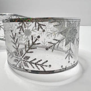 Silver Glittery Snowflake 2.5” Wide Wire Edge Ribbon