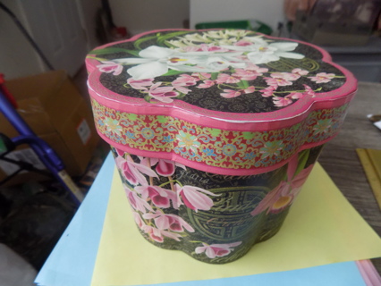 5 1/2 inch tall flower petal shape cardboard memory box 6 1/2 wide floral print