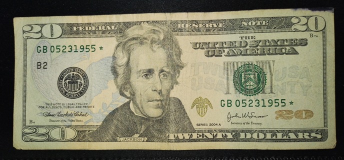MONEY TWENTY DOLLAR BILL STAR NOTE 2004A REPRINTED IN 2007 FAIR CONDITION AND A STEAL OF A DEAL WOW!