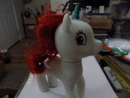 8 inch My Little Pony white unicorn red hair and tail blue horn white bow in hair